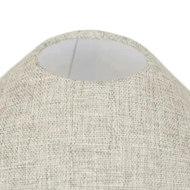 Close-up of oatmeal cotton/linen blend fabric lampshade on GlobeWest Lorne Bronte table lamp.