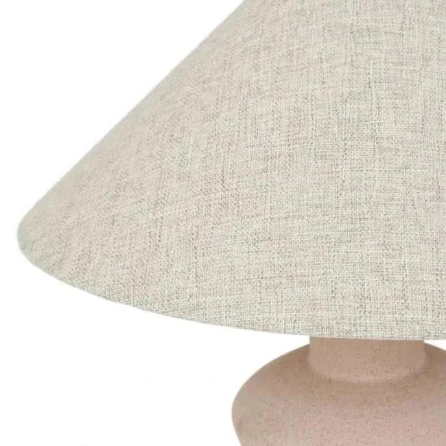 Close-up of GlobeWest Lorne Bronte table lamp featuring an oatmeal cotton-linen blend shade and mocha brown ceramic base.