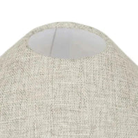 Close-up of oatmeal cotton/linen blend fabric shade on GlobeWest Lorne Bronte Table Lamp in rustic white ceramic base