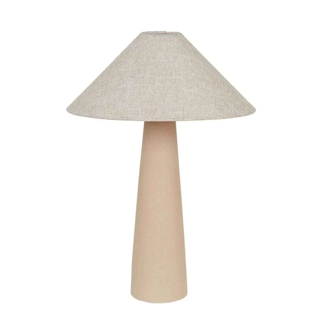 Globe West Lorne Canopy Lamp with matt sand metal base and oatmeal cotton linen shade, modern minimalist table lamp.