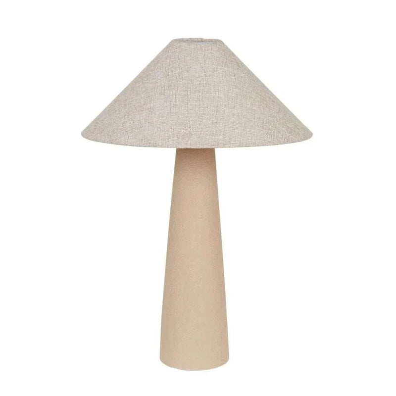 Globe West Lorne Canopy Lamp with matt sand metal base and oatmeal cotton linen shade, modern minimalist table lamp.