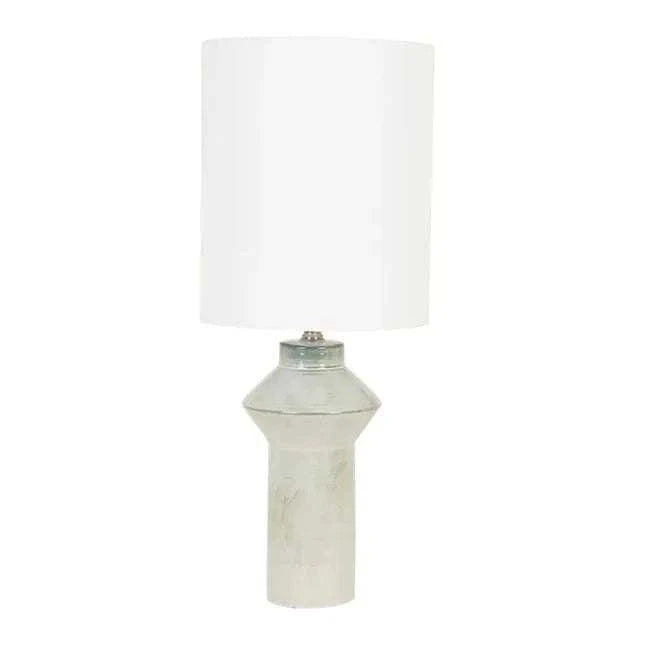 GlobeWest Lorne Post Table Lamp with light grey ceramic base and ivory fabric shade