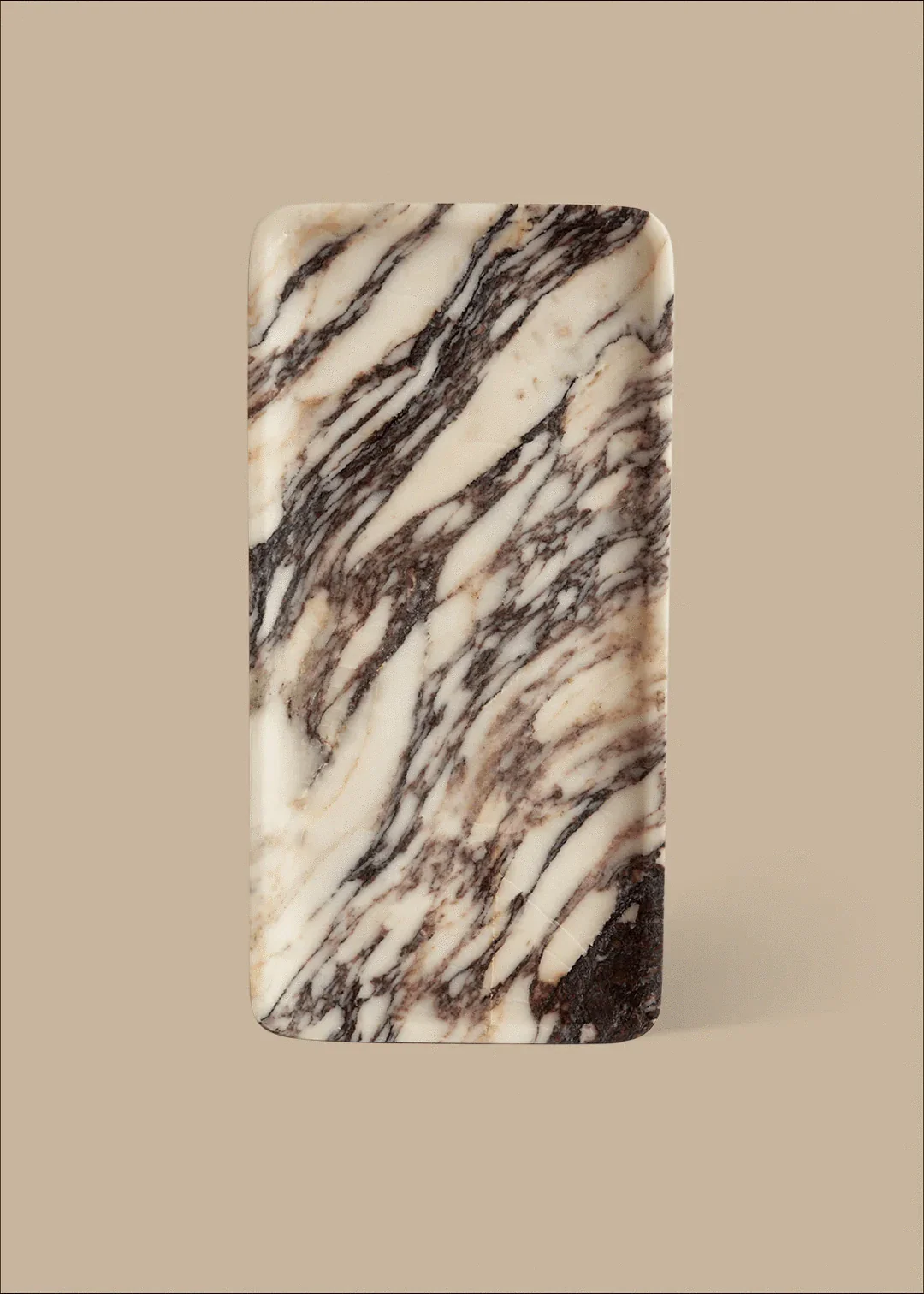 Linea Rectangle Marble Tray in Calacatta Viola marble with violet veins and minimalist design