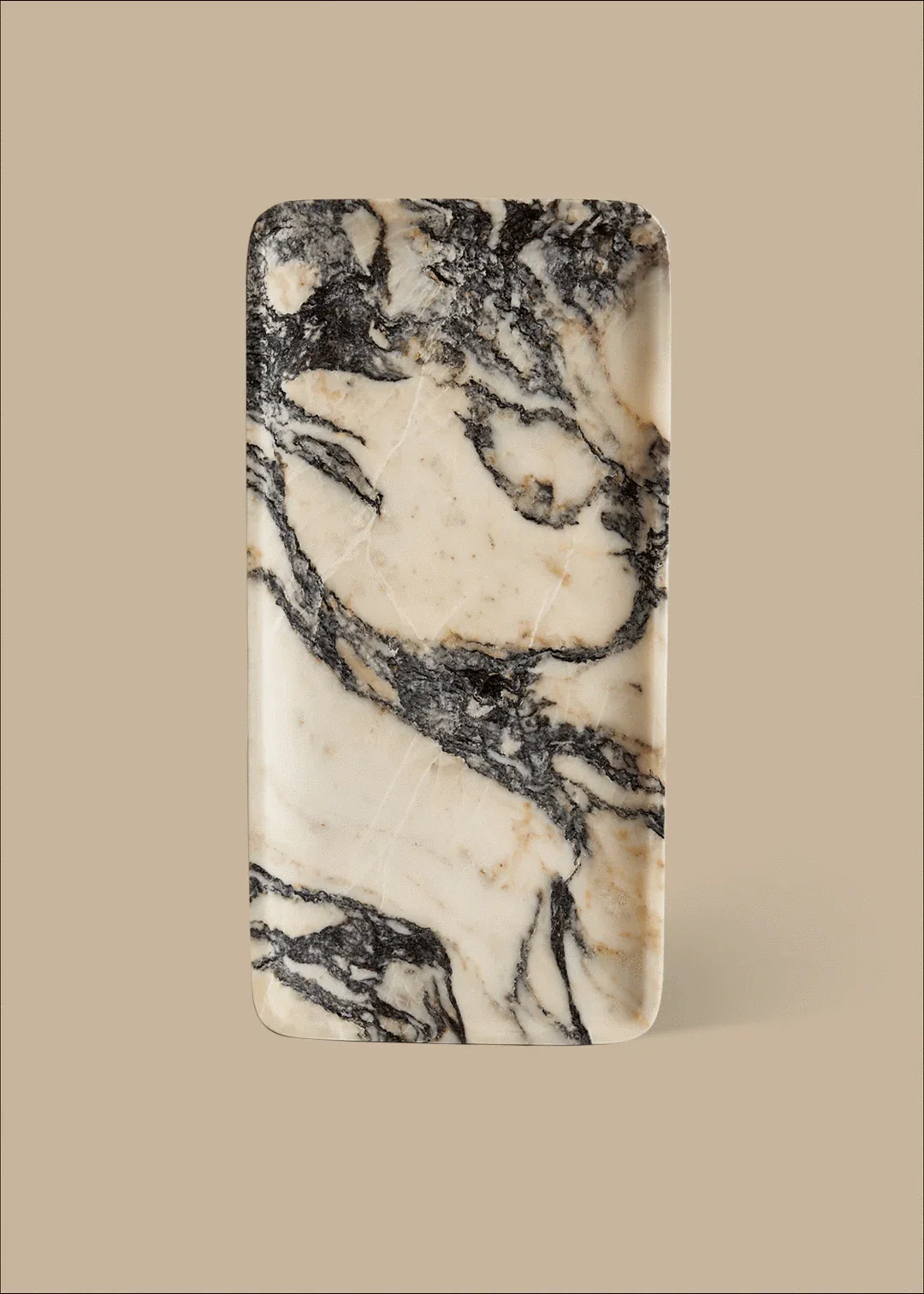 Linea Rectangle Marble Tray made of premium Calacatta Viola marble with natural black and violet veins, minimalist rectangular design.