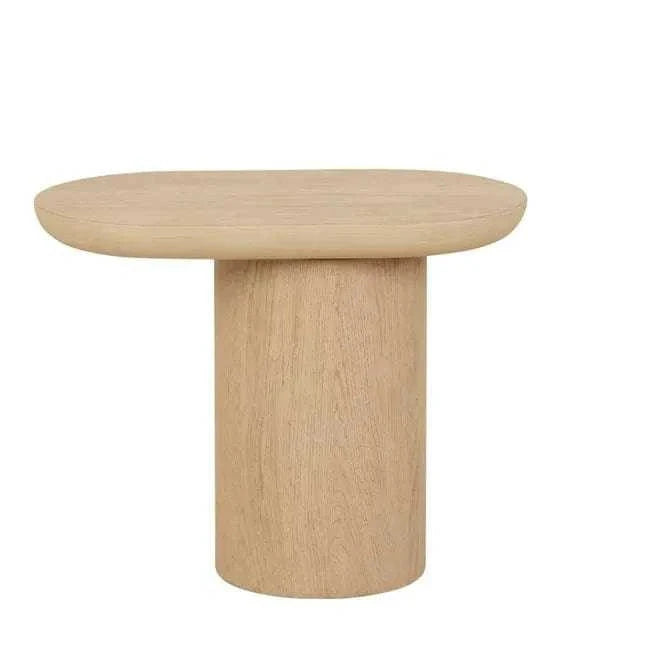 Globe West Seb Pedestal Side Table in natural oak with narrow oval top and cantilever design