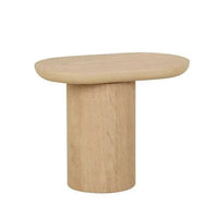 Globe West Seb Pedestal Side Table in natural oak with narrow oval top and modern minimalist design