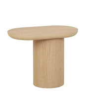 Globe West Seb Pedestal Side Table in natural oak with narrow oval top and cantilever design