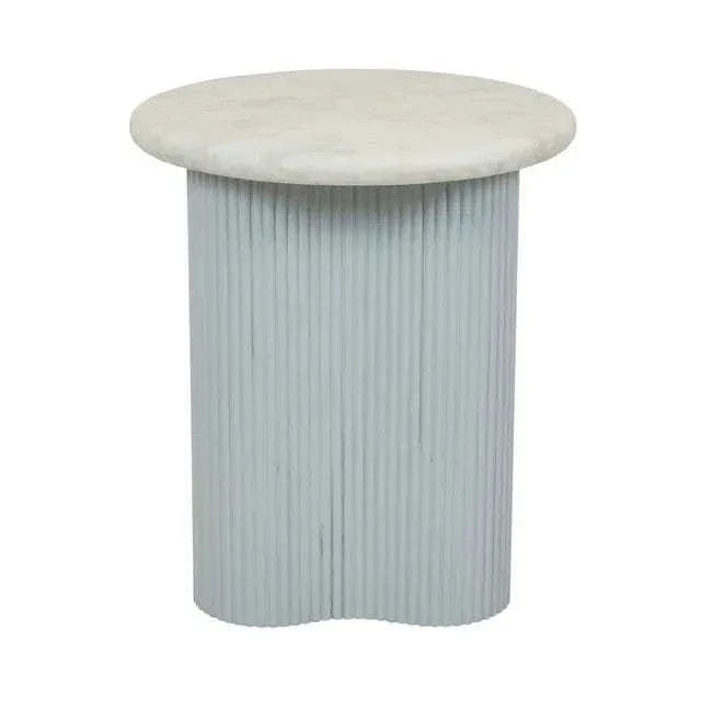 Artie Wave Ripple Side Table with powder blue ripple pillar base and white Carrara marble top