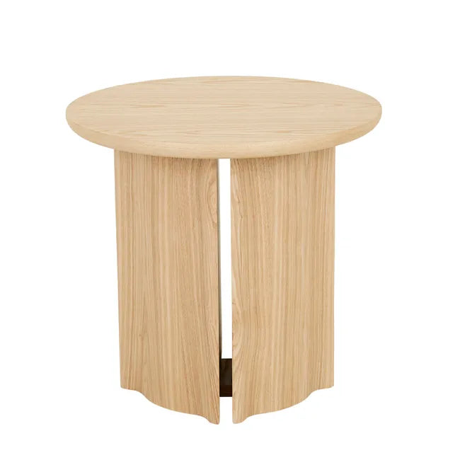 GlobeWest Leon Side Table in natural ash veneer with sculptural pillar base and demi-bullnose edges for elegant contemporary decor