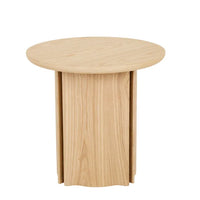 GlobeWest Leon Side Table in natural ash veneer with sculptural pillar base and demi-bullnose edges
