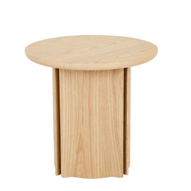 GlobeWest Leon Side Table in natural ash veneer with sculptural pillar base and demi-bullnose edges