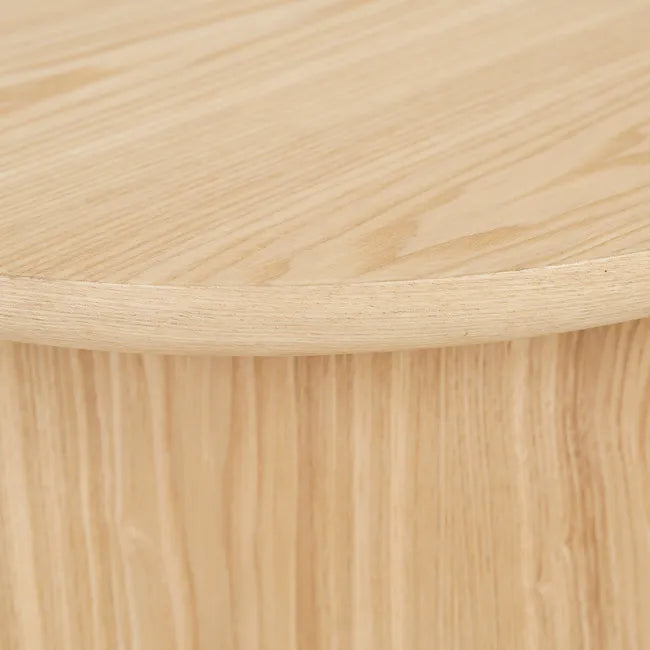 GlobeWest Leon Side Table in natural ash veneer with sculptural pillar base and demi-bullnose edges