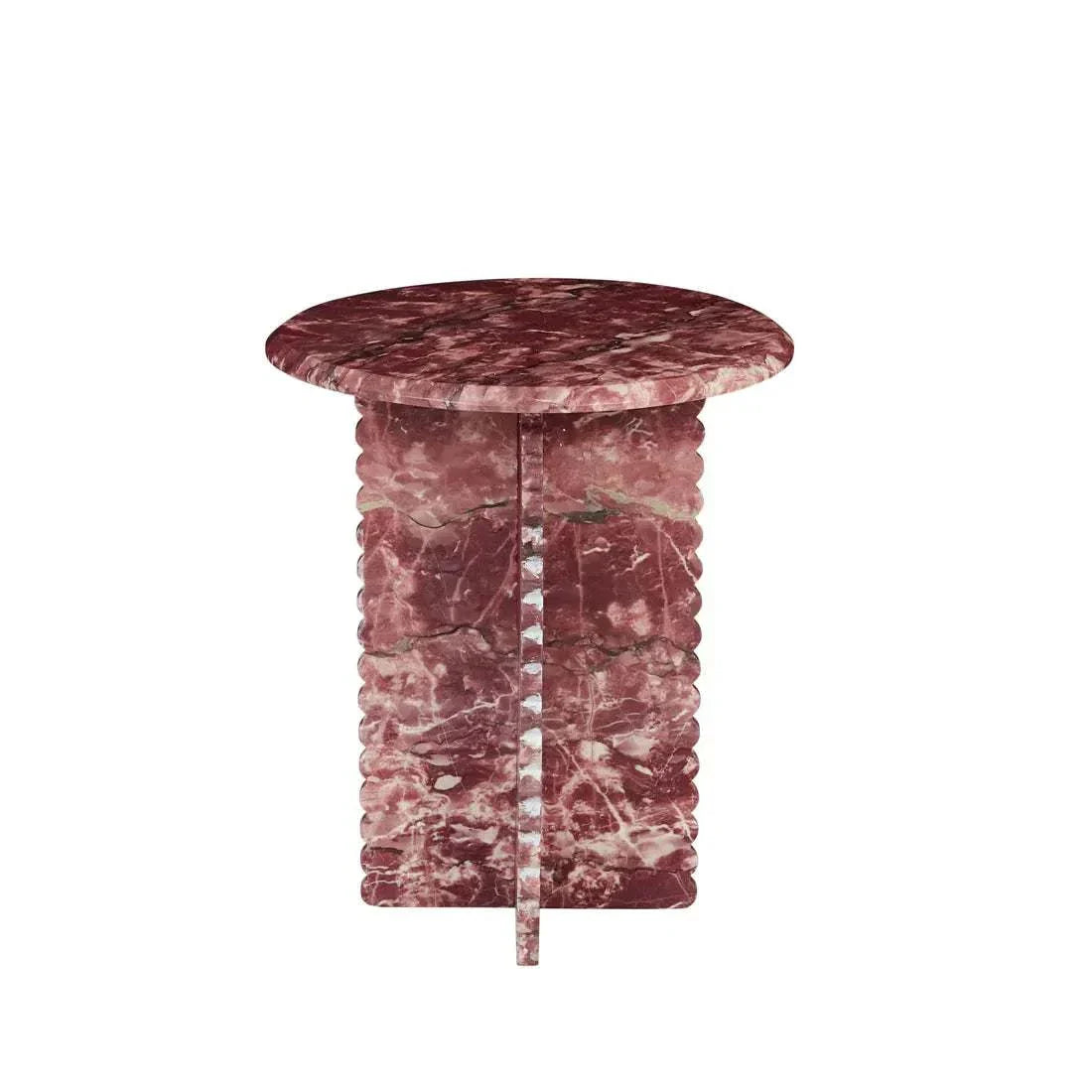 Rufus Fleur Side Table in carmine marble with crinkle-cut edges and crosshatched supports, sculptural indoor accent piece