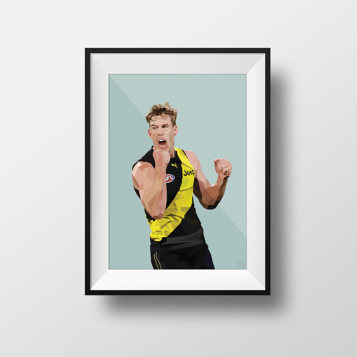 DG Designs Dom Gauci kids art print of Tom Lynch Richmond FC AFL player in black and yellow uniform, sage green background, framed.