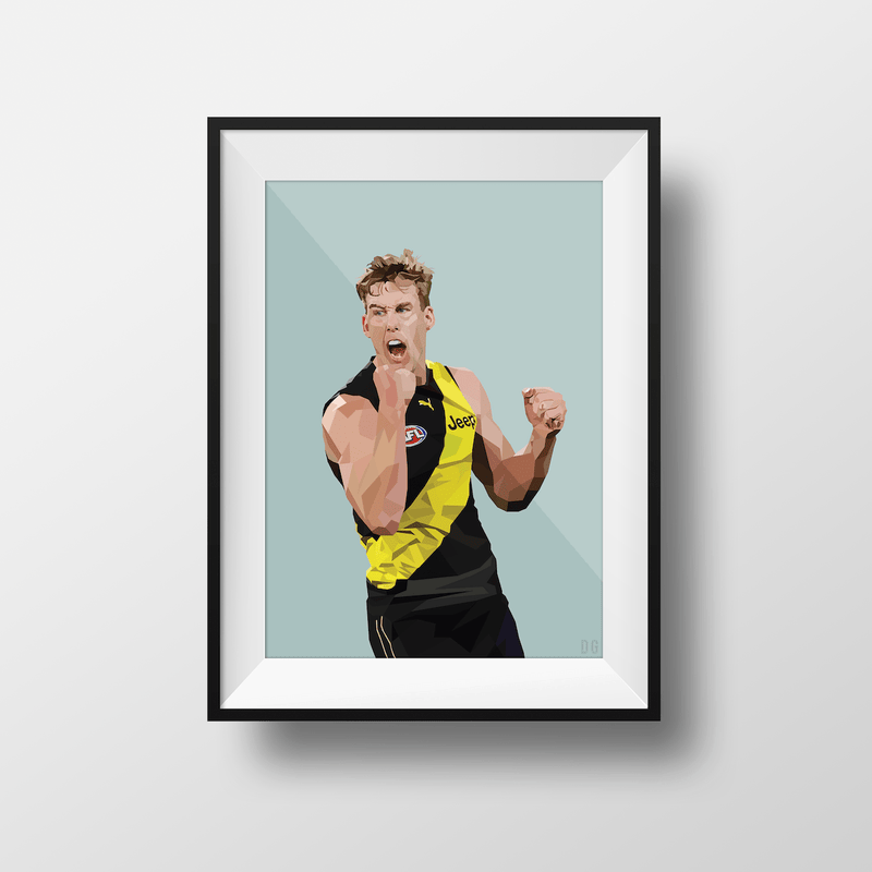 DG Designs Dom Gauci kids art print of Tom Lynch Richmond FC AFL player in black and yellow uniform, sage green background, framed.