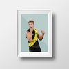 DG Designs Dom Gauci kids art print of AFL player Tom Lynch in Richmond FC uniform with sage green background in white frame