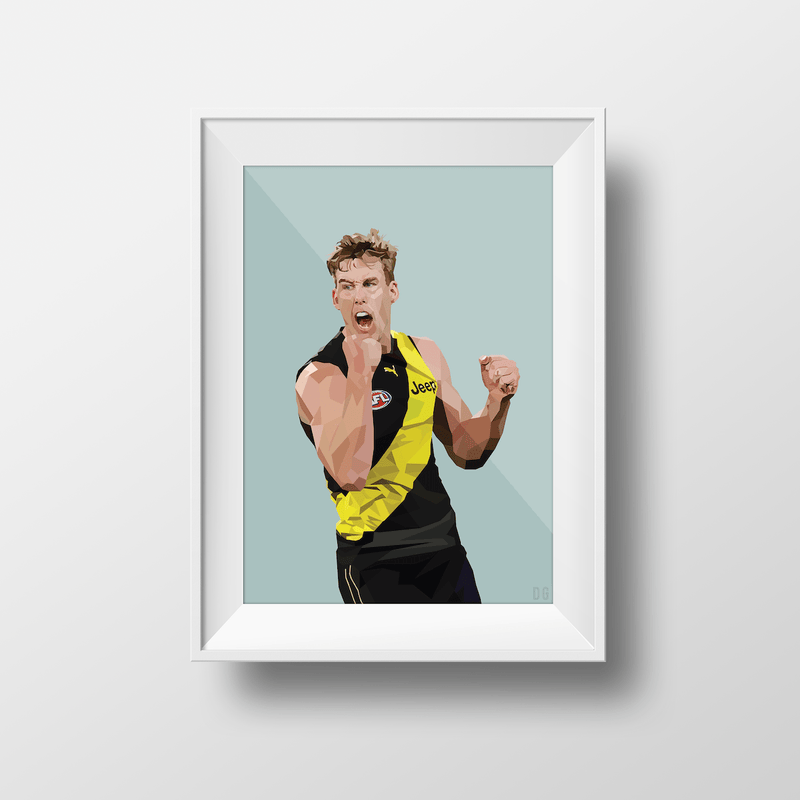 DG Designs Dom Gauci kids art print of AFL player Tom Lynch in Richmond FC uniform with sage green background in white frame