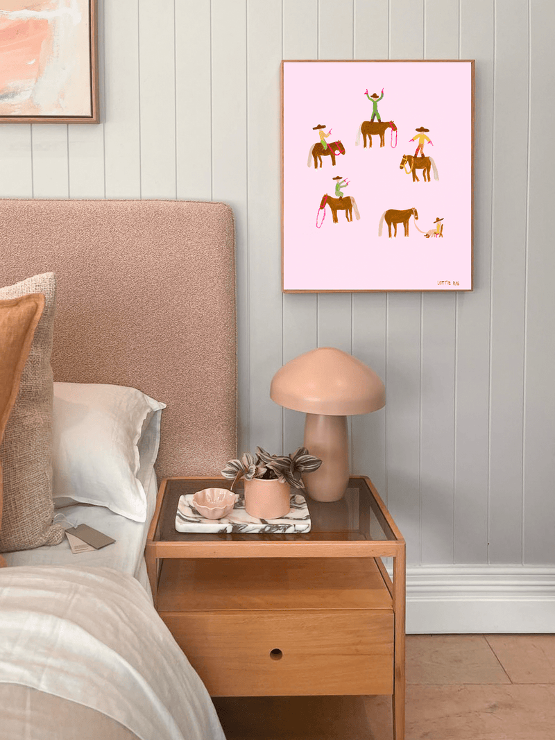 Oak framed Lottie Rae Gangstas' Paradise 11 fine art canvas print in bedroom setting