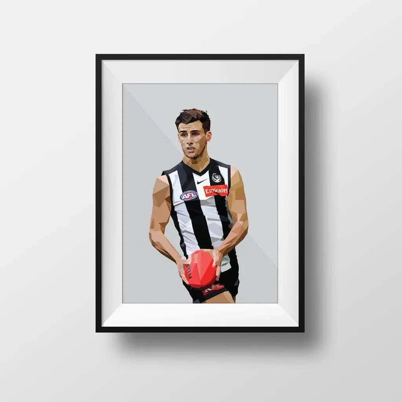 Framed Dom Gauci kids art print of AFL player Nick Daicos in Collingwood FC jersey with football on grey background