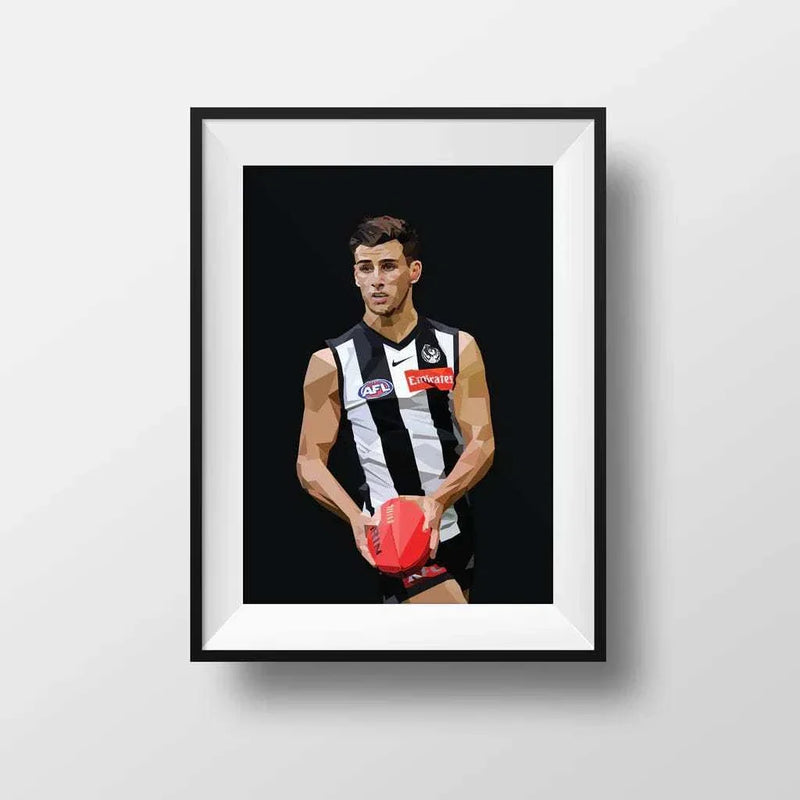 Framed Dom Gauci kids art print of Nick Daicos in Collingwood AFL uniform holding football on grey background