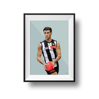 Framed DG Designs Dom Gauci kids art print of Nick Daicos in Collingwood AFL football uniform on sage green background