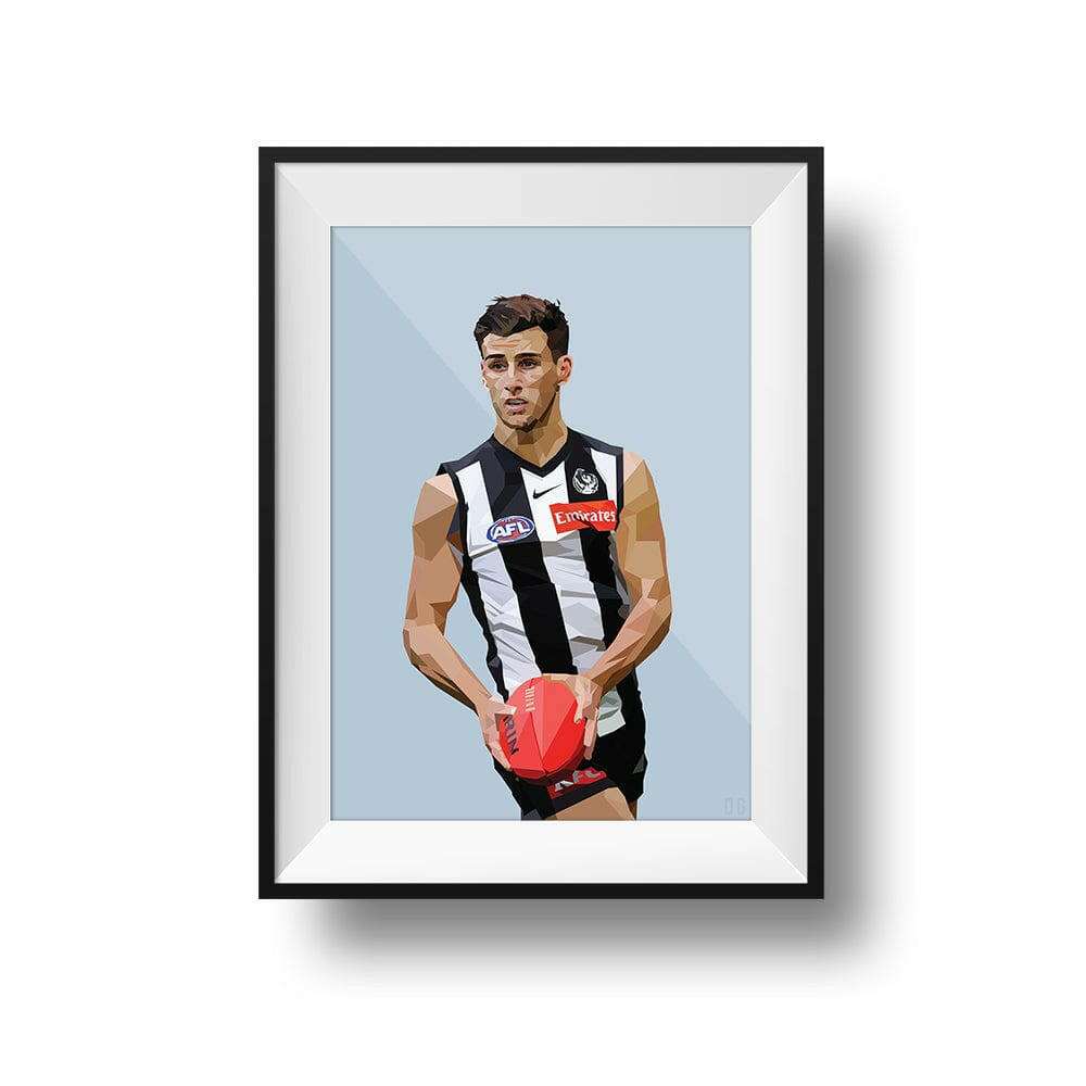 Framed Dom Gauci Kids Art Print of Nick Daicos in Collingwood AFL football uniform holding a red football on powder blue background