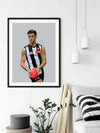 Framed Dom Gauci Kids Art Print of Nick Daicos in Collingwood FC AFL uniform holding a football on grey background