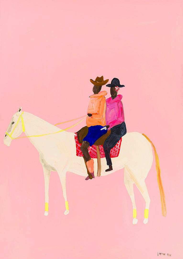 Oak framed Lottie Rae Smooth Operator fine art canvas print featuring two riders on a white horse against a pink background, 55x38cm