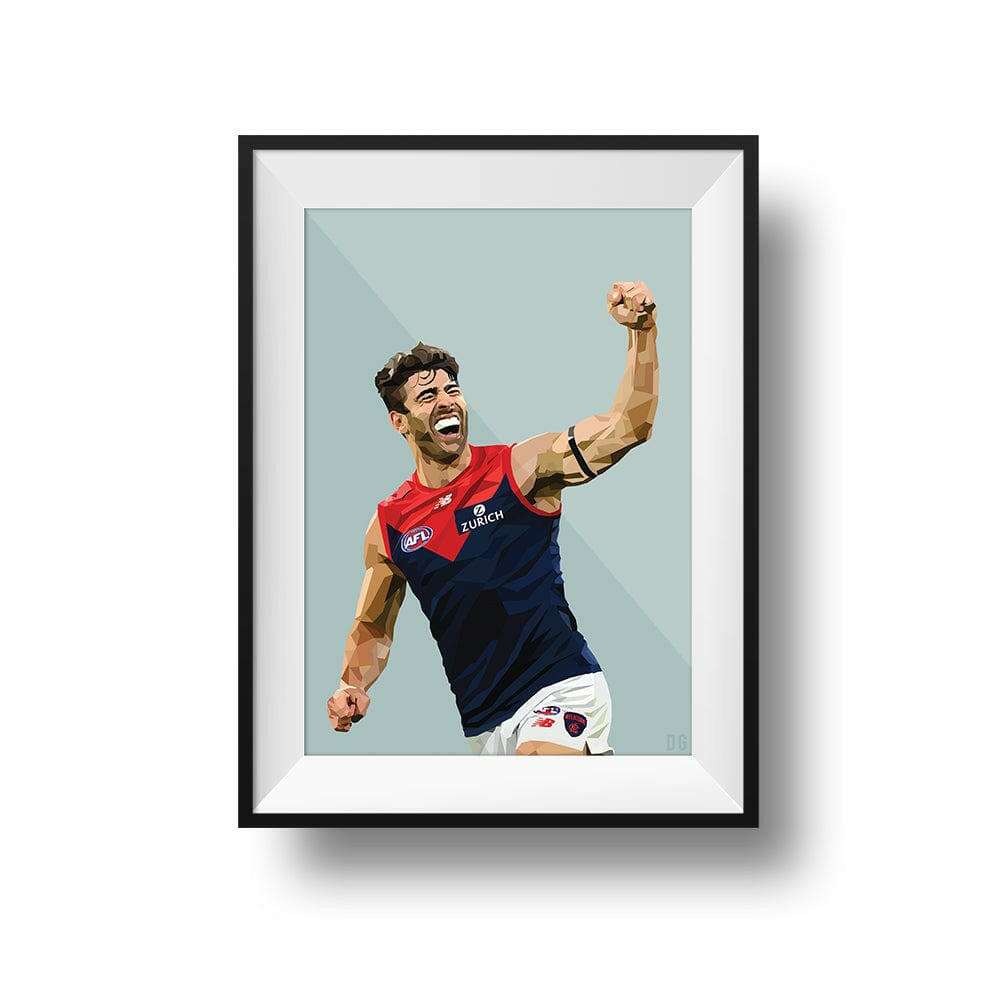 Framed DG Designs Dom Gauci art print of Christian Petracca Melbourne FC AFL football player in sage green background