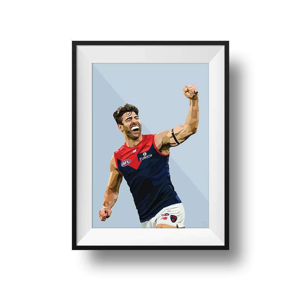Framed Dom Gauci kids art print of AFL player Christian Petracca in Melbourne FC uniform with powder blue background