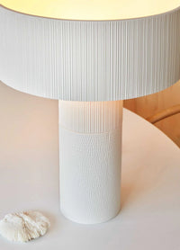 POTT Lighting Terra Table Lamp in combo white with textured ceramic base and large pleated lampshade