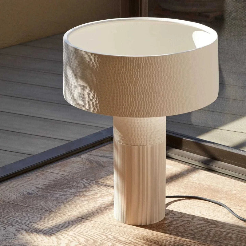 POTT Lighting Terra Table Lamp in combo white with textured hand-crafted clay design and cylindrical shape