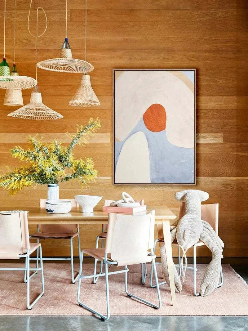 Marcia Priestley Limited Edition abstract fine art canvas print in floating oak frame displayed in a modern dining room.