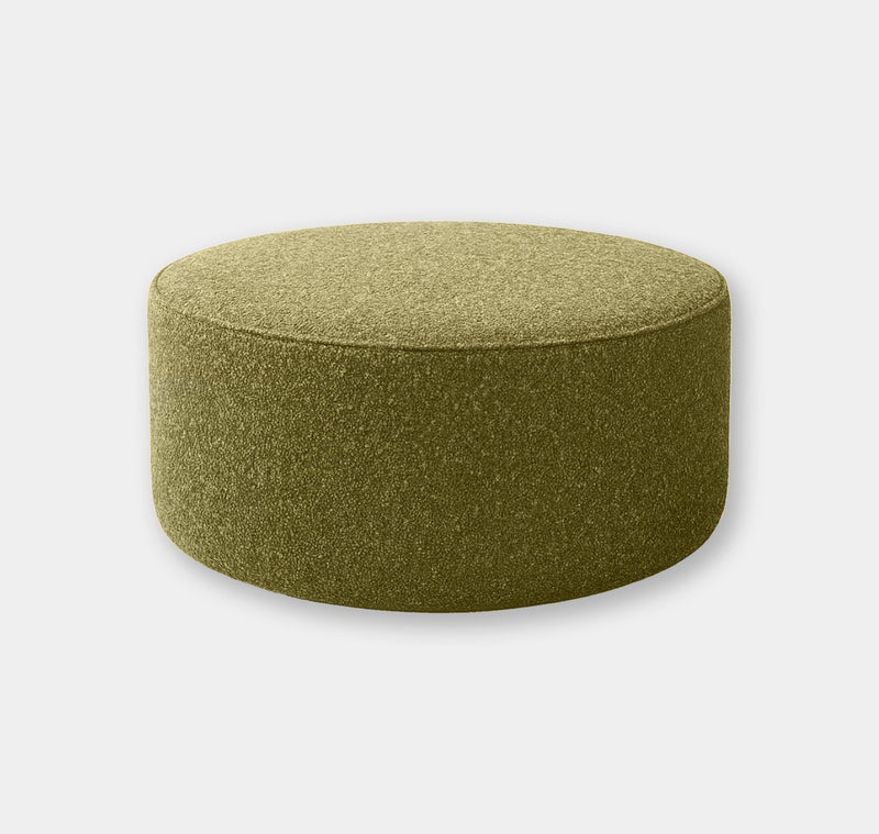 Pickle Bouclé Ottoman in olive green textured fabric, round low-profile upholstered footrest by norsuSTUDIO