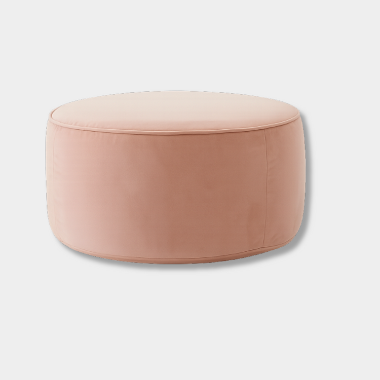 Blush velvet norsuHOME ottoman with self piping, round and soft, handmade in Australia.