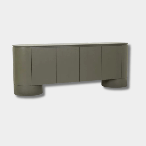 GlobeWest Pluto Buffet in Snowgum with minimalist design, circular legs, 4 doors, ash veneer and MDF construction.