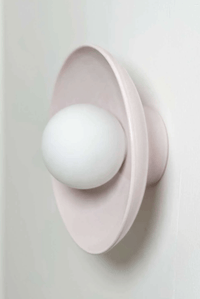 Robert Gordon Dish Wall Sconce in rose quartz with ceramic dish and round globe light