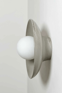 Robert Gordon Dish Wall Sconce ceramic light fixture with round white globe and handmade dish shade mounted on wall