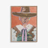 Marcia Priestley limited edition fine art canvas print titled Rachero, featuring an abstract figure wearing a large hat, framed in a natural floating oak frame