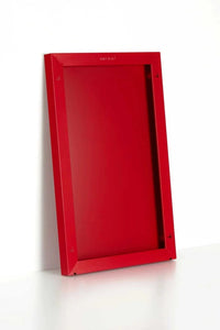 Red magnetic storyboard with powder-coated finish, compatible with Mustard Made lockers.