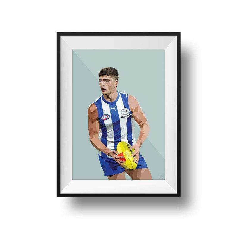 Framed DG Designs Dom Gauci kids art print of Harry Sheezel in North Melbourne AFL uniform holding football on sage green background