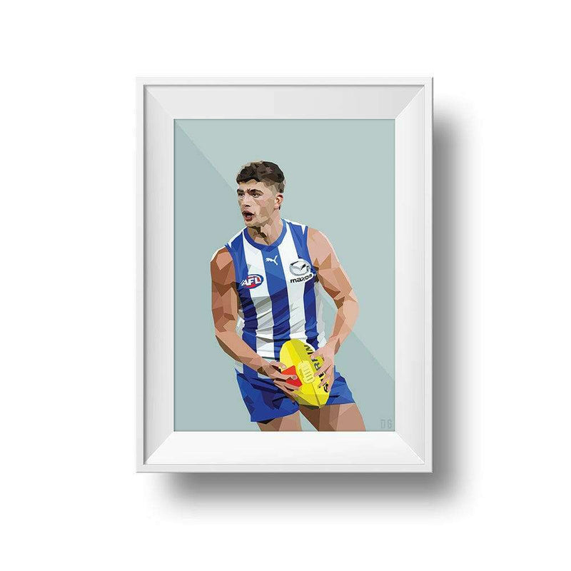 Framed DG Designs Dom Gauci kids art print of Harry Sheezel in North Melbourne FC AFL uniform holding a football on sage green background