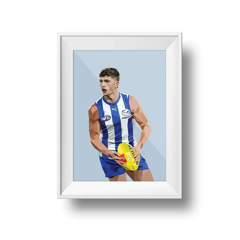 Framed digital art print of AFL player Harry Sheezel in North Melbourne FC uniform by DG Designs Dom Gauci