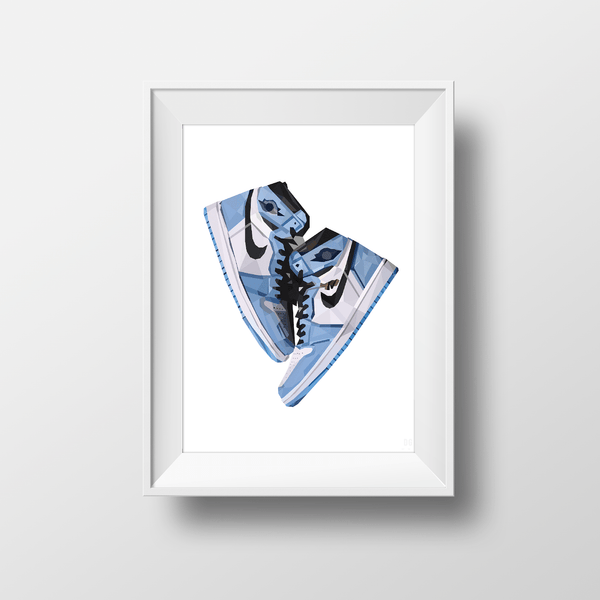 Sky High Sneaks blue kids art print by Dom Gauci framed in white 80x110cm