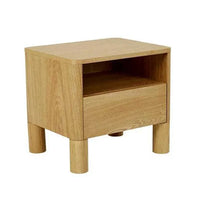 GlobeWest Artie Open Bedside in natural ash with one drawer and open shelf, rounded pillar legs, ash veneer finish