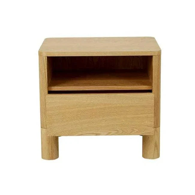 GlobeWest Artie Open Bedside in natural ash with one drawer and open shelf on rounded pillar legs