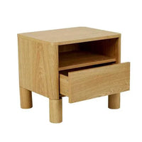GlobeWest Artie Open Bedside in natural ash with one drawer and open shelf on rounded pillar legs