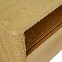 Close-up of GlobeWest Artie Open Bedside in natural ash timber veneer with rounded pillar legs, drawer, and open shelf.
