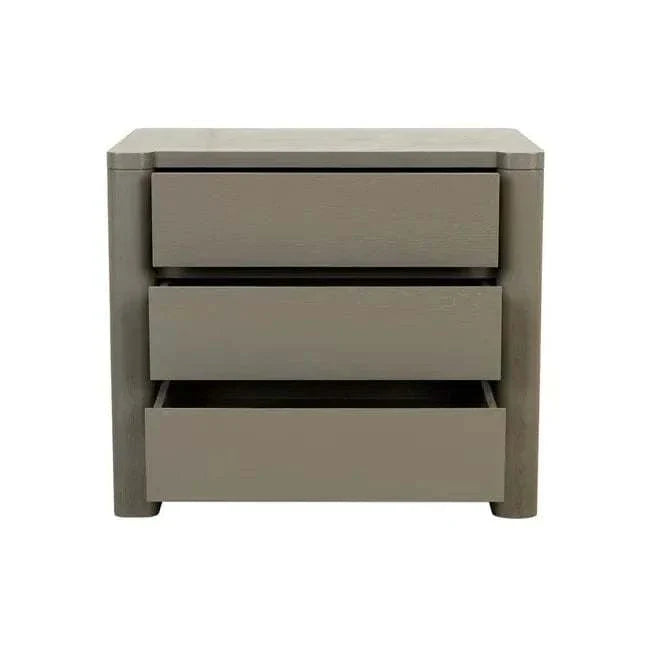 GlobeWest August 3 Drawer Bedside in Snowgum ash veneer with modern design and three spacious drawers.