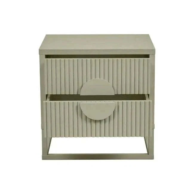 Putty Globe West Benjamin Ripple Bedside with ripple motif, geometric frame, and two drawers
